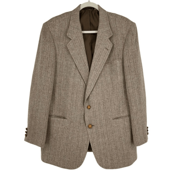 Vintage Mens Wool Tweed Sport Coat 44R Brown Herringbone Two Buttons Preppy - Picture 1 of 15